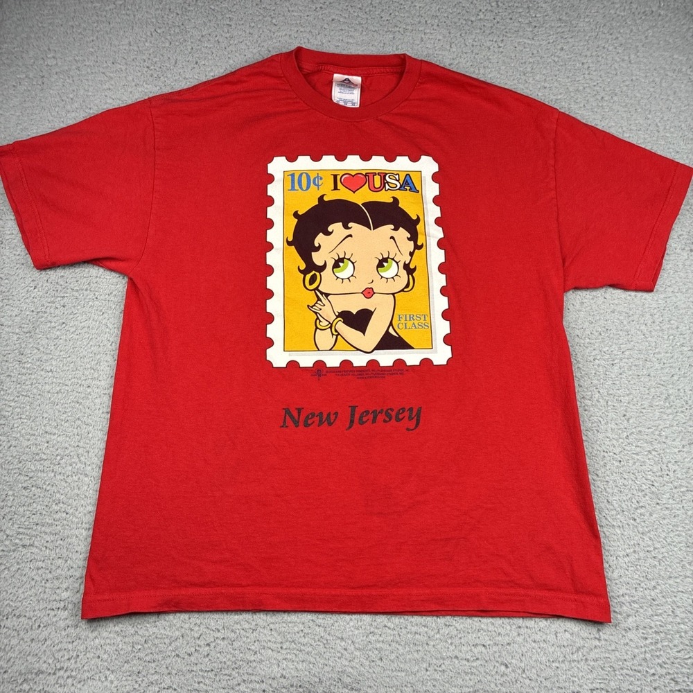 Vintage 2002 Betty Boop I Love USA First Class Stamp Graphic T-Shirt Red XL